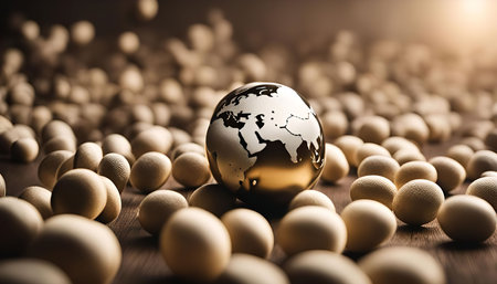 A golden globe depicting the Earth stands out amidst a field of beige eggs, creating a compelling...