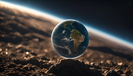 A close-up view of planet Earth floating in space, showing its continents and oceans, a sense of wonder and aweの写真素材