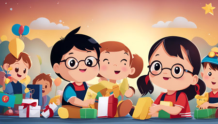 A group of happy children are gathered together, each receiving gifts and showing joy and excitement.の写真素材