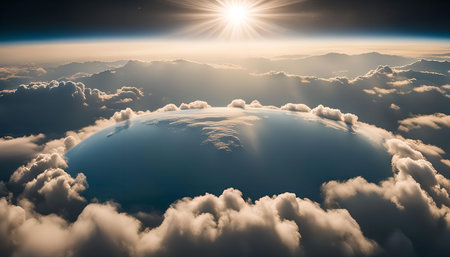 A stunning aerial view of Earth, with fluffy white clouds and a glowing sunset illuminating the...