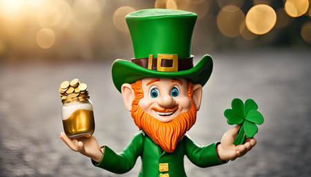 A smiling leprechaun holding a pot of gold coins with a shamrock in his other hand. This playful image celebrates Irish culture and tradition.の写真素材