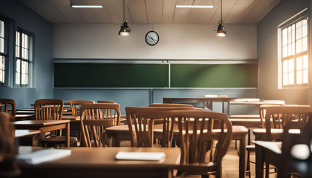 An empty classroom with wooden desks and chairs, with a blackboard and window with sunlight streaming in.の写真素材