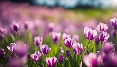 A beautiful field of purple tulips blooming in the sunlight.の写真素材