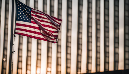 A close-up of the American flag waving proudly in the wind in front of a modern building.