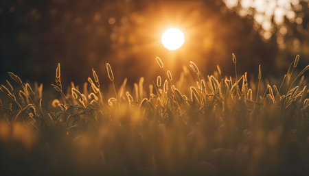 A close-up image of blades of grass backlit by the warm glow of the setting sun, creating a...