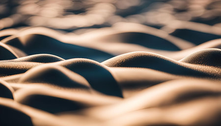A close-up image of sand dunes in soft golden hour light. The abstract texture and pattern create a...