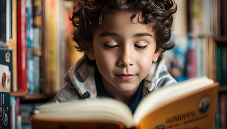 A young boy with curly hair is engrossed in a book, surrounded by shelves of books in a library. He...