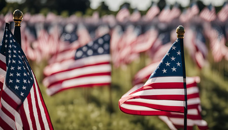A field of American flags waving in the wind, showing the beauty of patriotism and national pride.