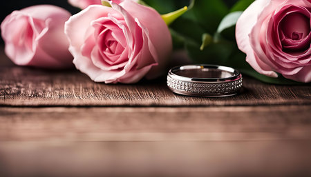 A close-up of a diamond ring and pink roses on a wooden table, symbolizing love and commitment.