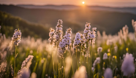 A field of delicate white wildflowers basking in the warm glow of a sunset. The sun casts long shadows across the meadow, illuminating the delicate blossoms and creating a peaceful and tranquil scene.の写真素材