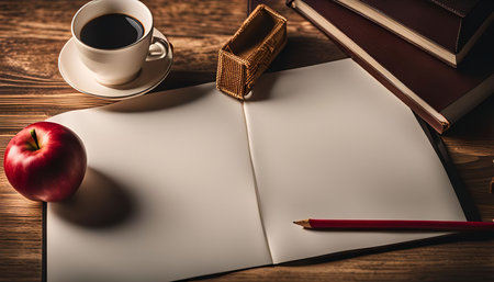 A blank open notebook on a wooden desk, ready to capture ideas. With a cup of coffee, an apple, pencils, and books, the scene exudes a sense of focused learning and contemplation.の写真素材