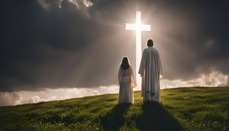 A couple stands before a luminous cross, gazing towards the heavens. The dramatic sky and verdant...