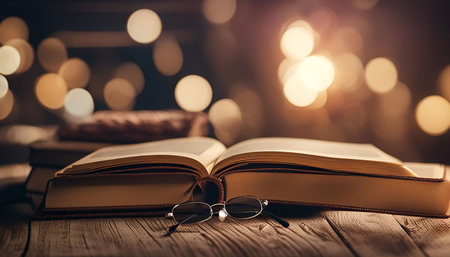 An open book with glasses on a wooden table, illuminated by warm, soft light in the background.の写真素材