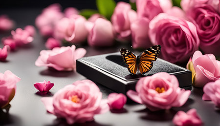 A delicate butterfly resting atop a black surface surrounded by soft pink roses