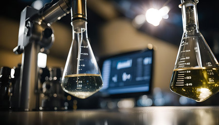 Two glass flasks with yellow liquid in a laboratory setting. The flasks are connected to a stand and...