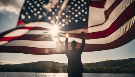 A silhouette of a man standing in front of an American flag waving in the wind, against a backdrop of a lake, mountains, and a sunset. This powerful image evokes themes of patriotism, hope, and freedom.の写真素材