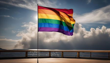 A rainbow flag waving proudly in the wind against a backdrop of blue sky and white clouds. The flag is a symbol of pride, acceptance, and diversity.の写真素材