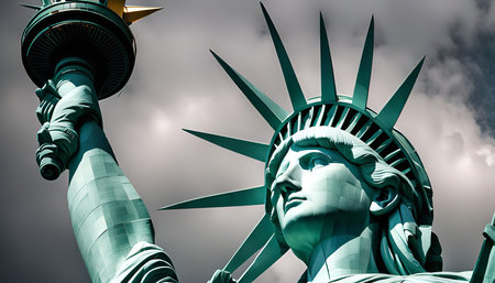 A close-up view of the Statue of Liberty's head and crown, showing the iconic landmark's grandeur and intricate details. The green copper patina and the imposing face symbolize freedom and welcome.の写真素材