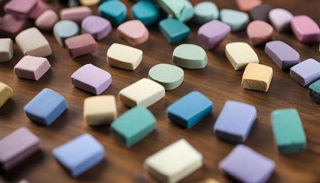 A collection of colorful blocks arranged on a wooden surface. The blocks are soft and smooth, with a variety of shapes and colors. The image is composed in a minimalist style, with a focus on the simple beauty of the objects.の写真素材