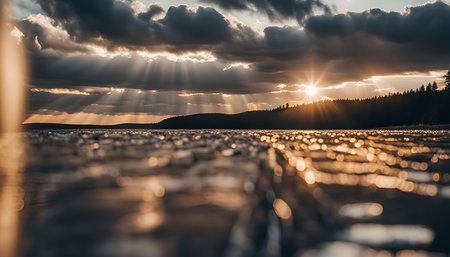 A serene sunset over a calm lake, the golden rays of the sun piercing through the clouds and...