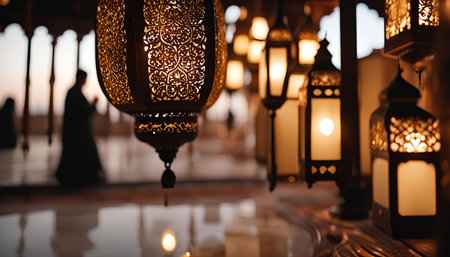A closeup shot of ornate lanterns hanging from a ceiling, creating a warm and inviting atmosphere. The intricate details of the metalwork and the soft glow of the light create a sense of peace and tranquility.の写真素材
