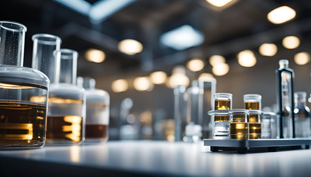 Close-up image of glass beakers and flasks filled with various liquids in a laboratory setting. The...