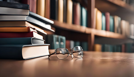 A stack of books sits on a table in a library, with a pair of glasses lying in front of them. The...