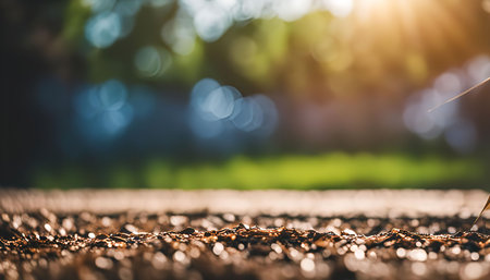 A tiny plant seedling sprouts from the ground, showing the beginning of life and growth. The blurred background of green leaves and sunlight adds to the sense of new beginnings and natural beauty.の写真素材