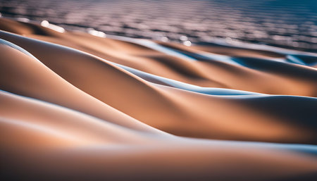 A close-up photograph of sand dunes, capturing the undulating textures and soft lighting of a desert landscape, creating an abstract and minimalist image.の写真素材