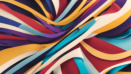 Abstract artwork featuring colorful, curved lines creating a dynamic and intricate pattern. The...