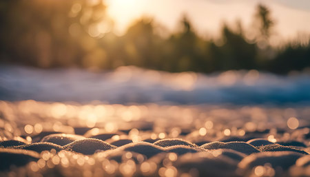 Close up of golden sand beach at sunset with the sun shining brightly through the waves creating sparkling reflections on the sand.の写真素材