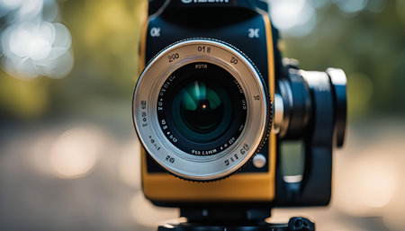 A close-up view of a vintage camera lens, showing its intricate details and classic design. The...