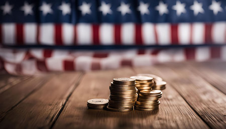 A close-up of stacks of gold coins on a wooden table with a blurred American flag in the background.の写真素材
