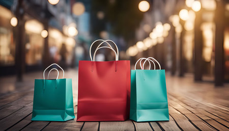 Three shopping bags on a wooden floor, in front of a blurred background of a street at night.