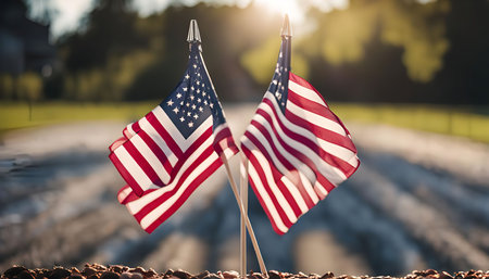 A close-up shot of two American flags waving gently in the wind, set against a backdrop of a rural scene with a blurry background. The flags are the star-spangled banner, a symbol of freedom and liberty.の写真素材