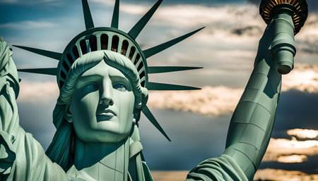 A close-up photo of the Statue of Liberty, showing her iconic face and the raised torch in her hand. The statue stands tall against a backdrop of a partly cloudy sky.の写真素材