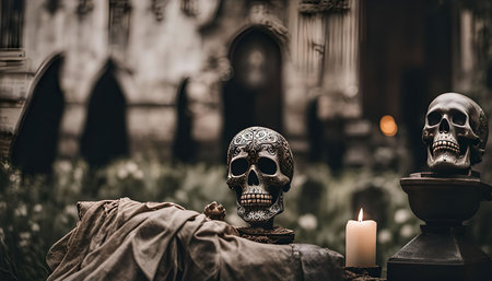 Two ornate skulls sit on a stone surface in a gothic setting, with a lit candle providing a spooky...