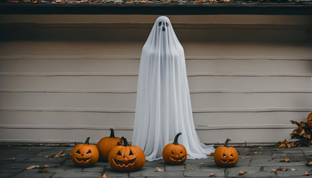 A white ghost stands in front of a house, surrounded by carved pumpkins. The scene is a perfect...