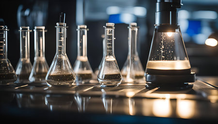 A close-up of a laboratory experiment with glass flasks containing liquids, highlighting scientific...
