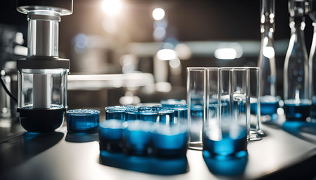 A close-up of beakers containing blue liquid in a laboratory setting. The glass equipment reflects light, highlighting the scientific environment.の写真素材
