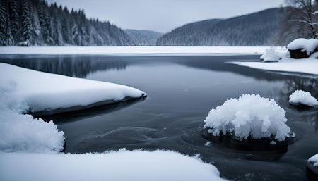 A frozen lake in the winter with snow covering the ground and a frozen ice sculpture in the water.の写真素材