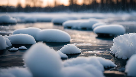 Close-up of a river covered in snow, with ice crystals and frozen patches on the water's surface. The image captures the serene beauty of winter.の写真素材