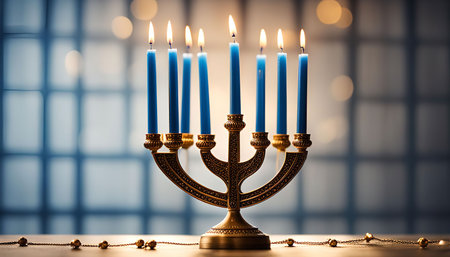 A golden menorah with blue candles lit for the Jewish holiday of Hanukkah.