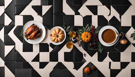 A Thanksgiving dinner tabletop with a roasted turkey, pumpkin, hot chocolate, and other seasonal...