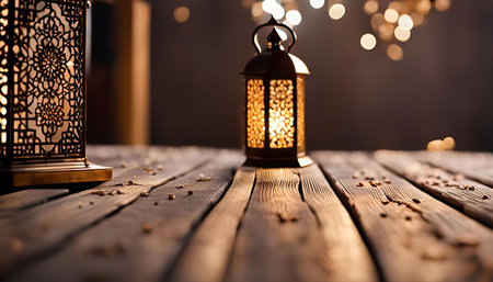 Two ornate lanterns with intricate designs sit on a rustic wooden table. The lanterns are lit, casting a warm glow on the wood.の写真素材