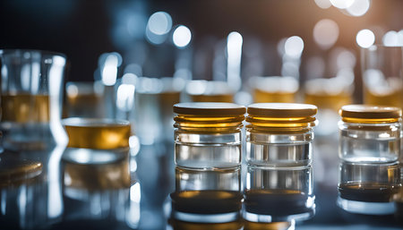 Close-up view of glass jars with golden lids and clear liquid, photographed in a laboratory setting,...