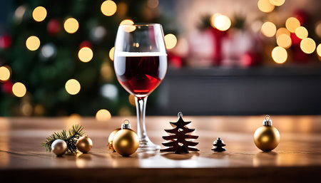 A glass of red wine with Christmas ornaments on a table in front of a decorated Christmas tree.の写真素材