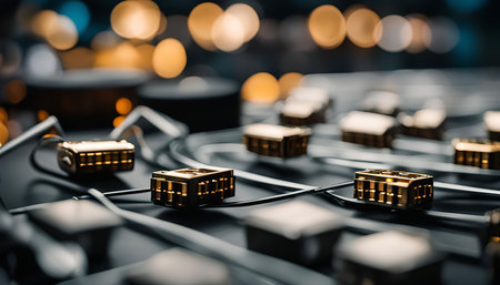 A close-up shot of golden miniature buildings arranged on a black surface, with blurred lights in...