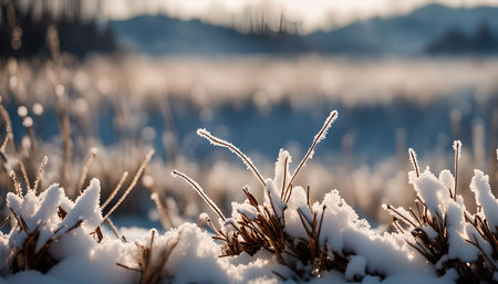 A closeup of frozen grass blades covered in a fresh layer of snow. The soft sunlight creates a beautiful, tranquil winter scene.の写真素材