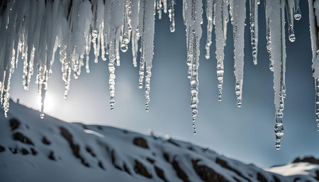 A closeup of a row of icicles hanging from a roof, with a snowy mountain range in the background.の写真素材